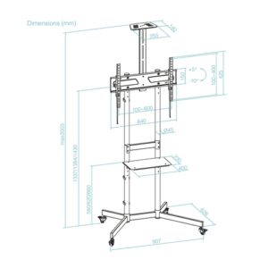 Diagrama con medidas del Soporte de suelo para pantalla interactiva en aula digital