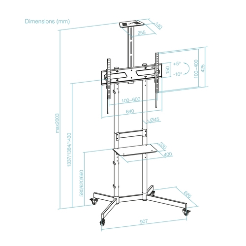 Diagrama con medidas del Soporte de suelo para pantalla interactiva en aula digital