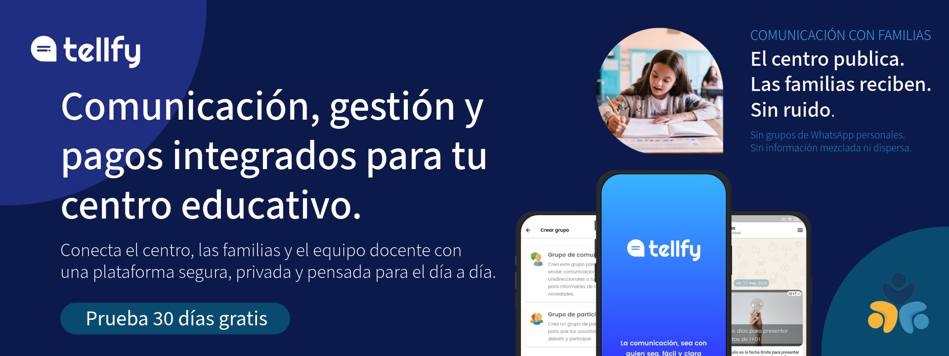 Banner de la plataforma de comunicación para educación Tellfy