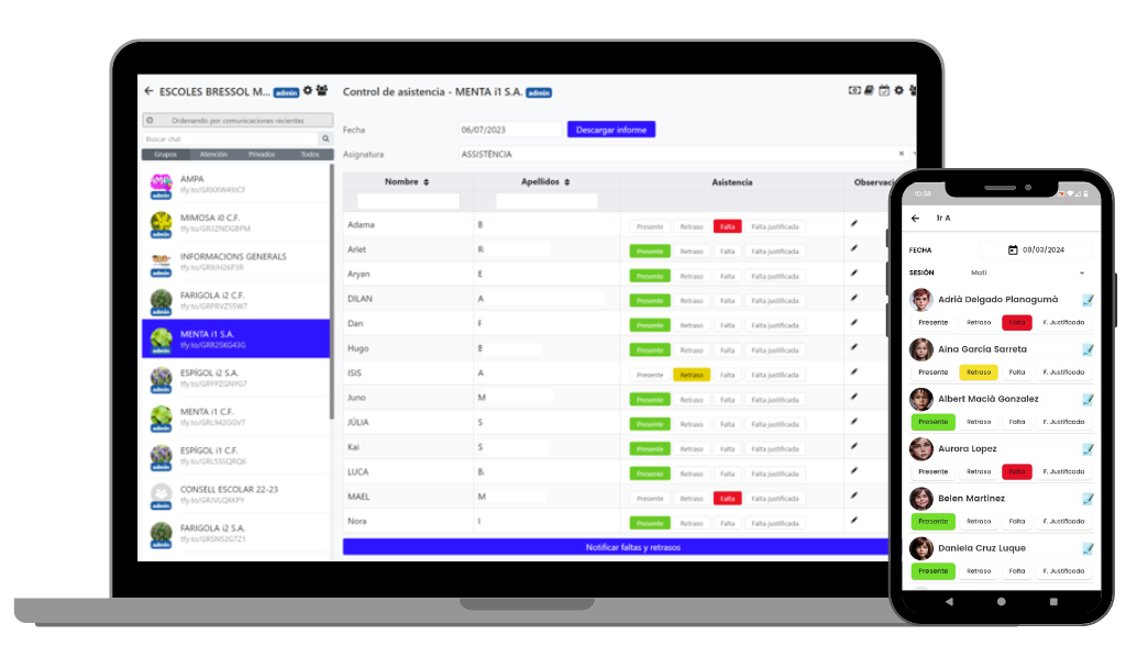 Pantallas de control de faltas de asistencia en Tellfy